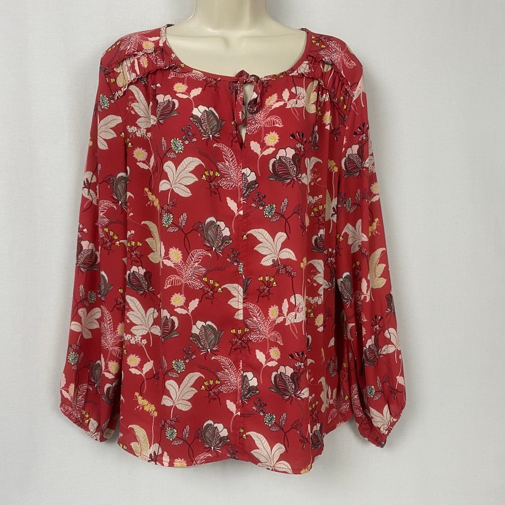 LOFT Floral Blouse Womens Large Pink Mixed Media Ruffle Tie Neck Cottagecore
